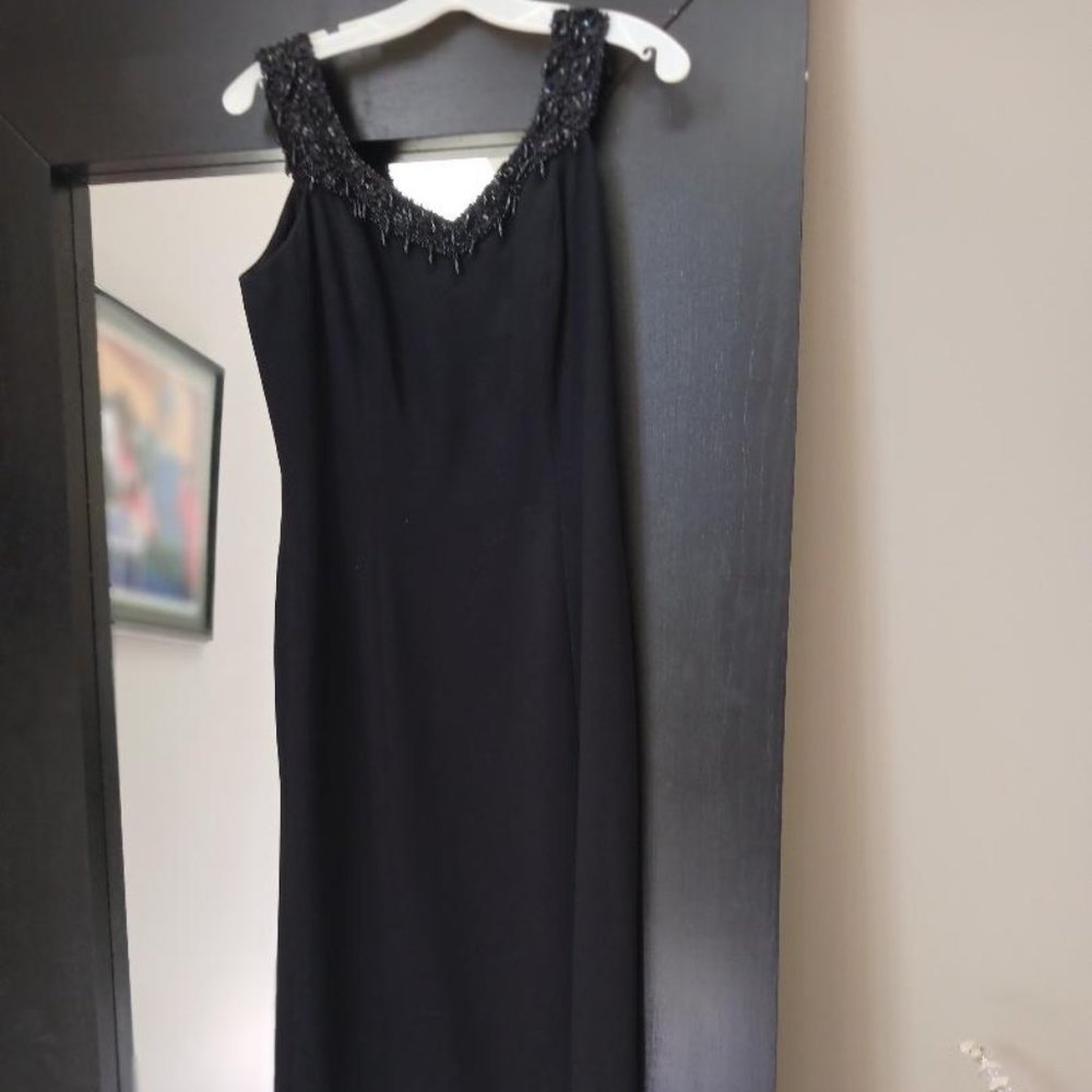 Black 3/4 length dress with beaded v-neck embellishments